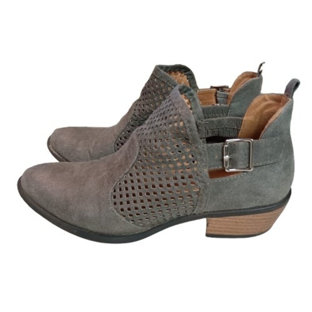 Gray Suede Perforated Cutout Ankle Boots - Women